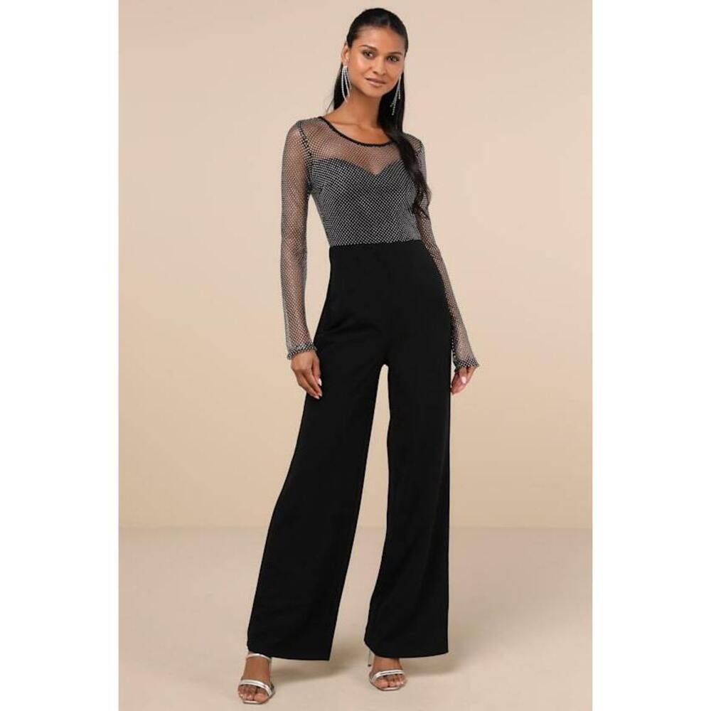 Lulus Beyond Glamorous Black Fishnet Rhinestone Jumpsuit - Size M